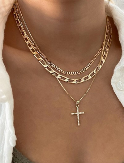 Stacked Chains Gold Cross Necklace Set