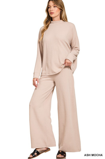 Ash Mocha Ribbed Mock Neck Top & Pants Set