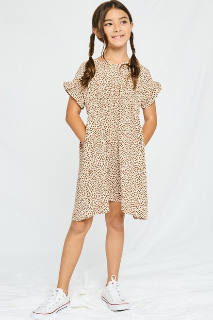Girls' Taupe Dot Vneck Frill Dress