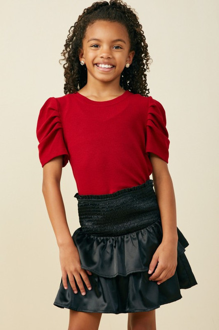 Girls' Red Ribbed Puff Sleeve Top