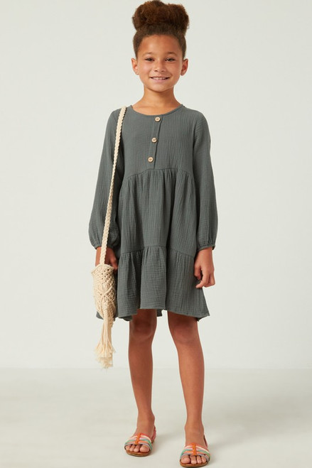 Girls' Forest Green Button Detail Tiered Dress