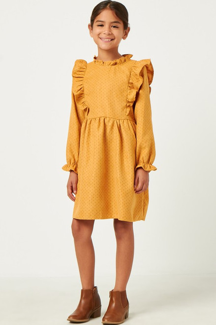 Girls' Mustard Ruffle Polka-Dot Dress