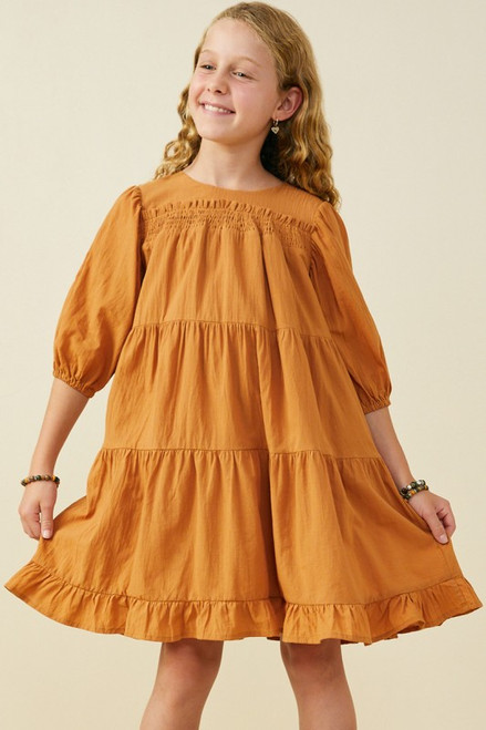 Girls' Camel Puff Sleeve Smocked Dress