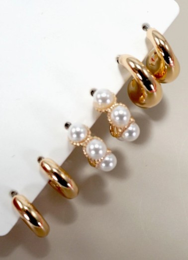Pearl Gold Hoop Huggy Earrings Set