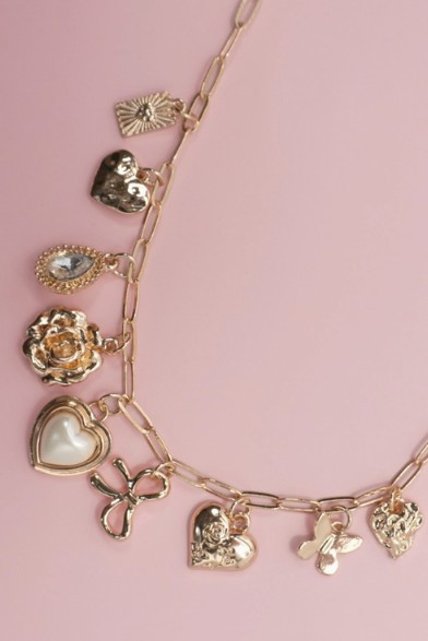 Gold Rose Pearl Heart Charm Necklace