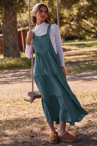 Teal Tiered Overalls Midi Dress