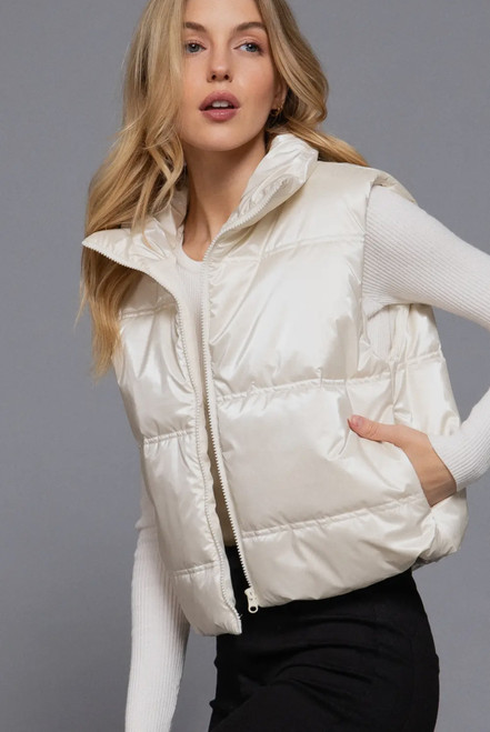 Shiny Ivory Zip Up Vest