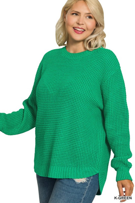 Kelly Green Hi-low Plus Waffle Sweater