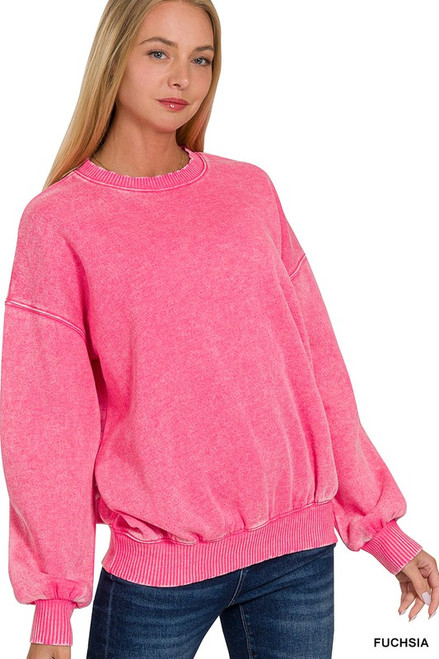 Fuchsia Acid Wash Fleece Sweatshirt