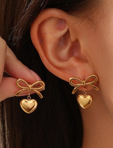 Gold Bow Heart Drop Earrings