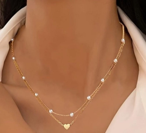 Gold Heart Pearl Chain Necklace