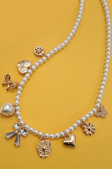 Heart Bow Pearl Charm Necklace
