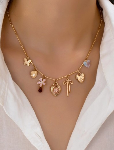 Butterfly Flower Heart Chainlink Necklace