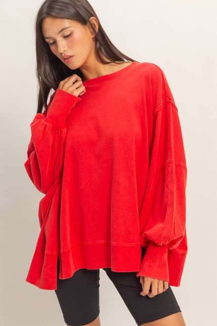 Red Raw Seam Long Sleeve Top