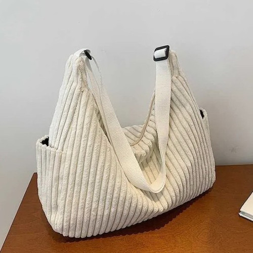 Off White Corduroy Shoulder Tote Bag