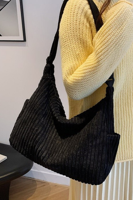 Black Corduroy Shoulder Tote Bag