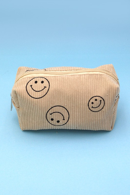 Tan Smiley Corduroy Cosmetic Bag