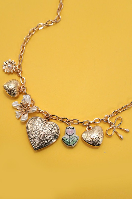 Heart Locket Flower Charm Necklace