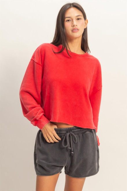 Red Cropped Mineral Wash Sweatshirt