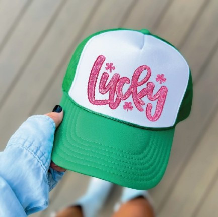 Lucky Faux Pink Glitter Trucker Hat