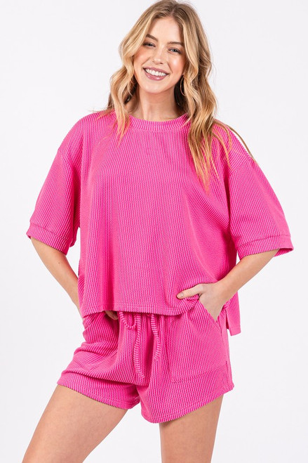 Ribbed Knit Hot Pink Shorts Set