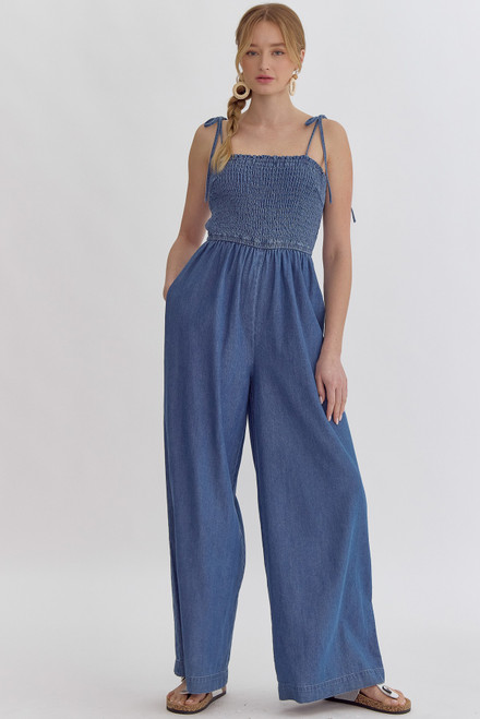 Dark Denim Tie Strap Jumpsuit