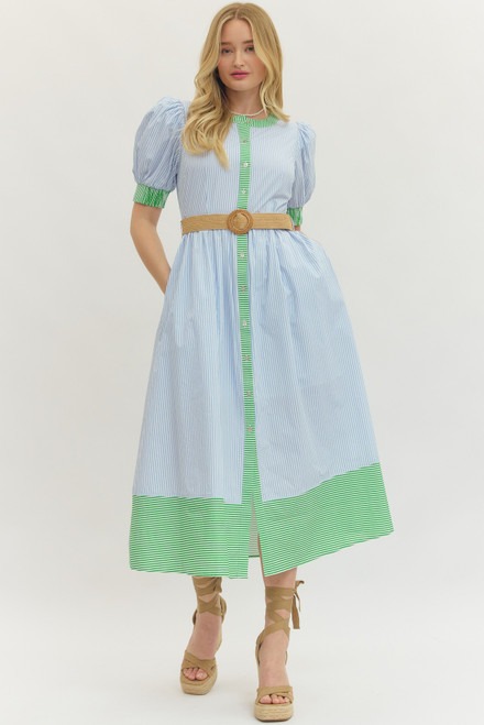 Blue & Green Stripe Belted Midi Dress