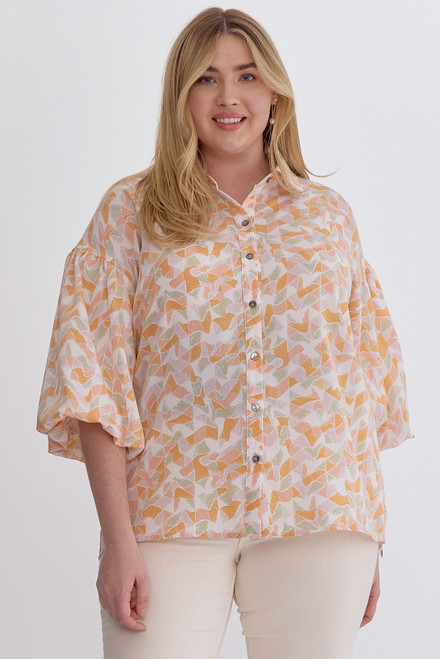Peach Geo Pattern Puff Sleeve Plus Blouse