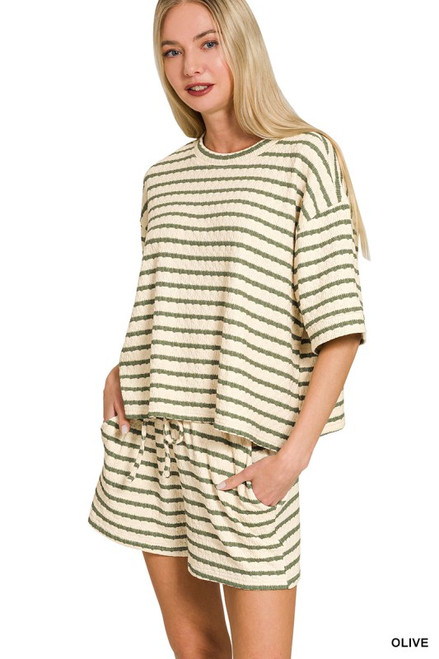 Olive Stripe Knit Shorts Set
