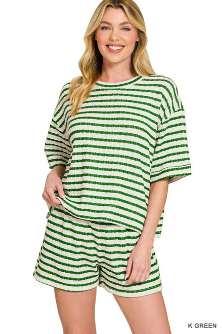 Kelly Green Stripe Knit Shorts Set