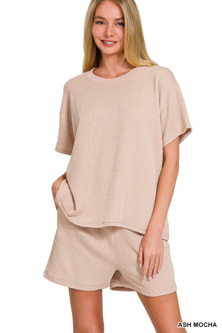 Ash Mocha Half-sleeve Corded Shorts Set