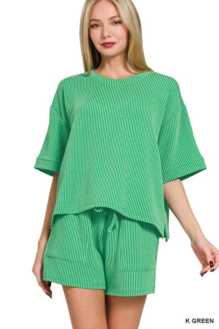 Kelly Green Half-sleeve Corded Shorts Set