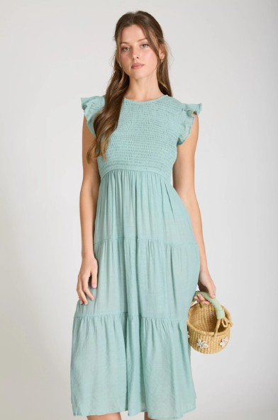 Sage Smocked Tiered Midi Dress