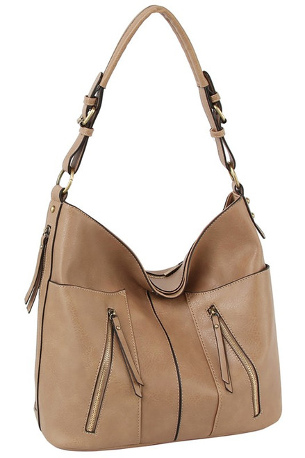 Mocha Double Front Zipper Hobo Bag