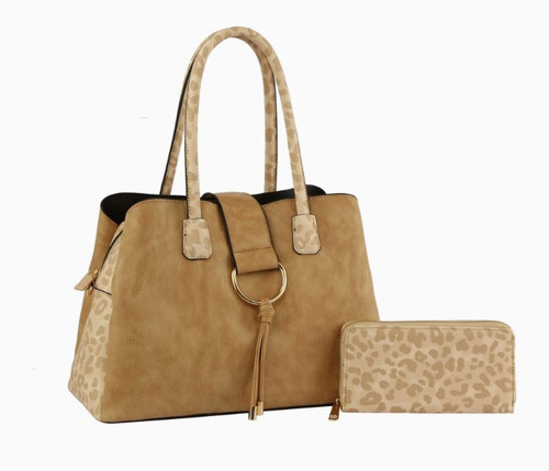 Tan Leopard Satchel & Wallet Set