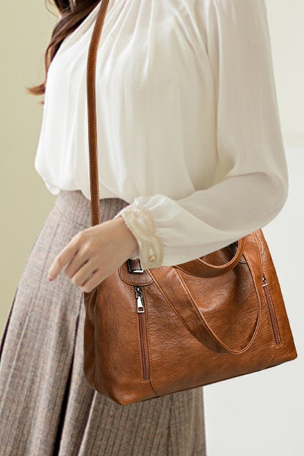 Camel Double Zipper Shoulder Bag