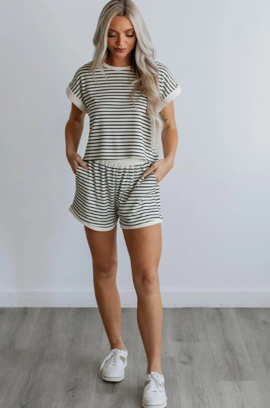 White & Black Stripe Textured Shorts Set