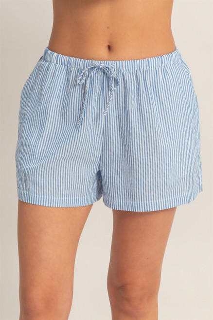 Blue Pinstripe Drawstring Shorts