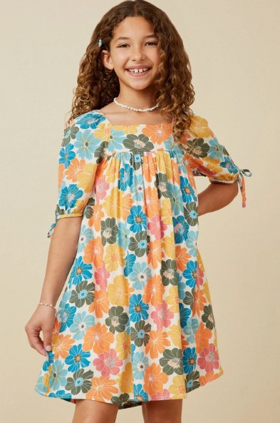 Girls' Big Floral Square Neck Dress