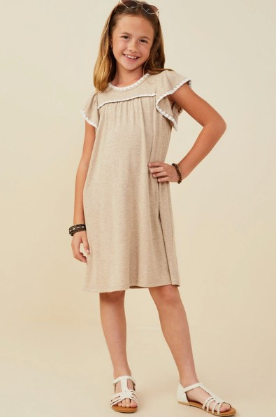 Girls' Taupe Crochet Trim Knit Dress