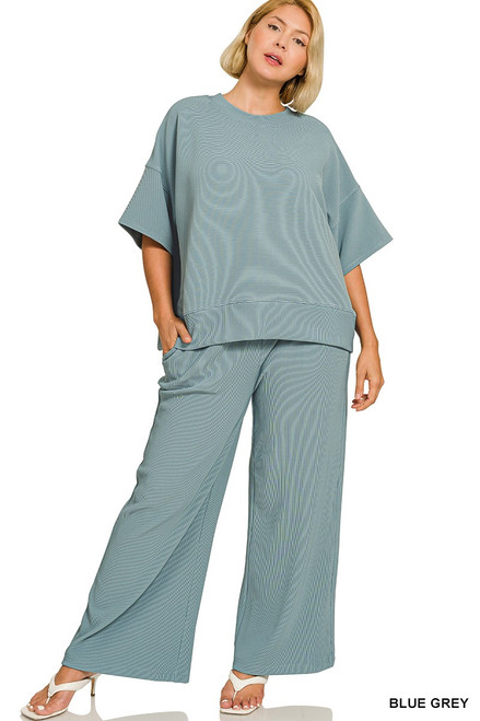 Blue Grey Round Neck Tee & Pants Set