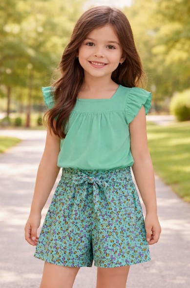 Girls' Teal Floral Shorts Set