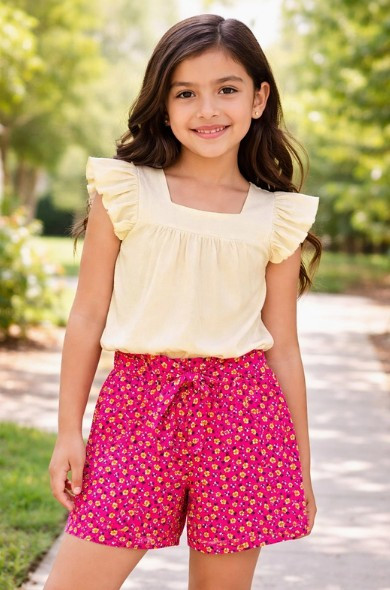 Girls' Fuchsia Floral Shorts Set