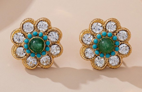 Turquoise & Crystal Flower Stud Earrings