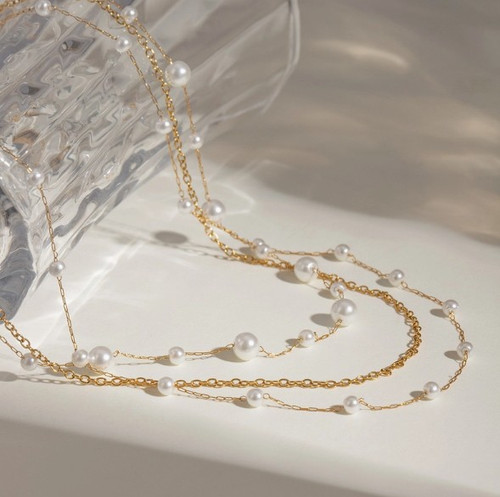  Pearl Station Triple Layer Necklace