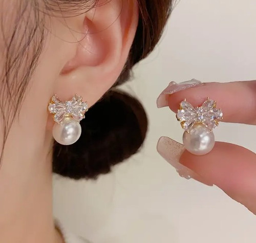 Crystal Bow Pearl Earrings