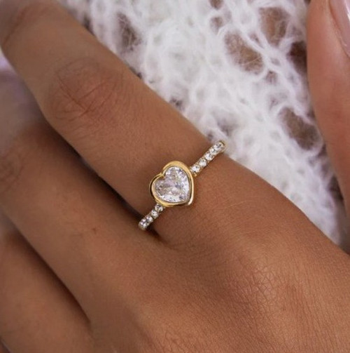 Rhinestone Heart Stainless Steel Ring