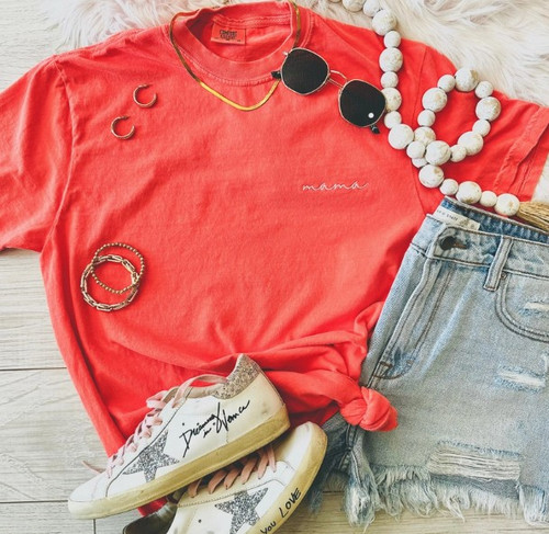Dainty Mama Embroidered Neon Salmon Tee