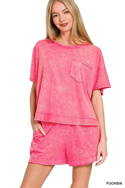 Fuchsia Acid Wash Shorts Set