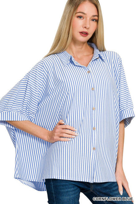 Cornflower Blue Stripe Button-up Top
